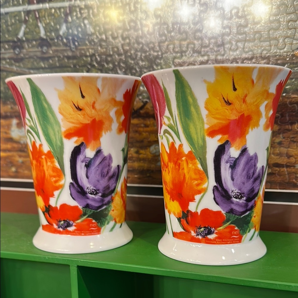 Pimpernel Orange and Purple Drinkware Mugs w/ Artistic Floral Design (Set of 2)